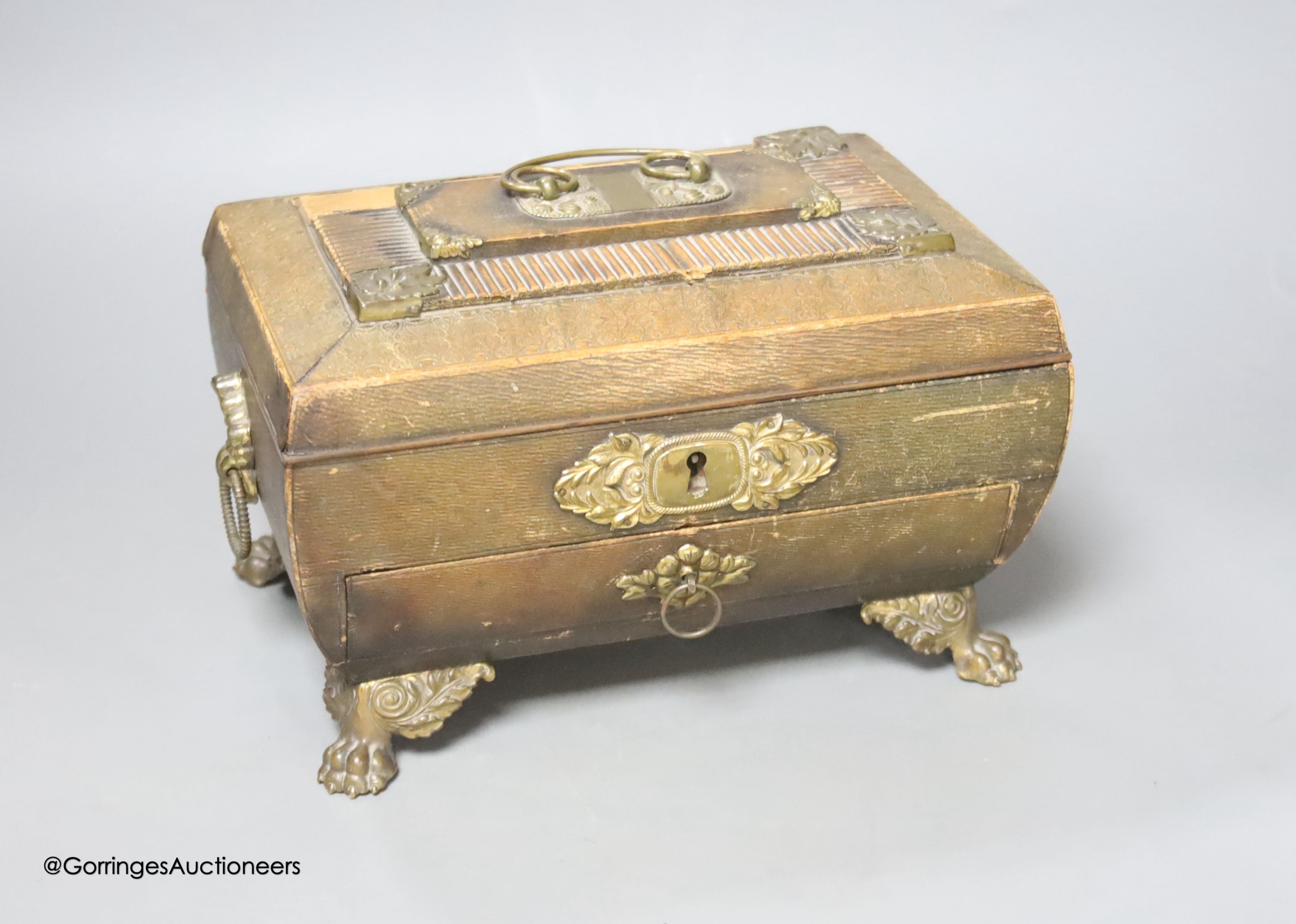 A Regency stamped brass mounted leather covered sewing box, 24cm (a.f.)